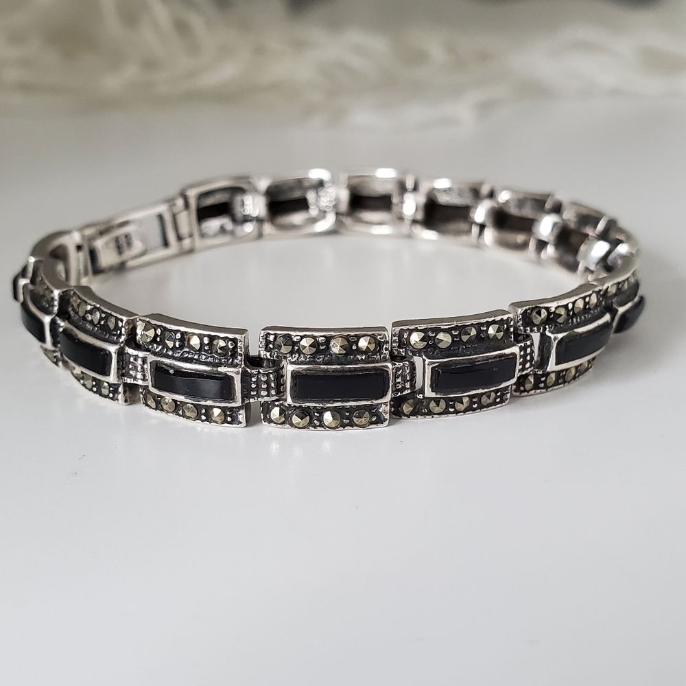925 Marcasite and Onyx Link Bracelet